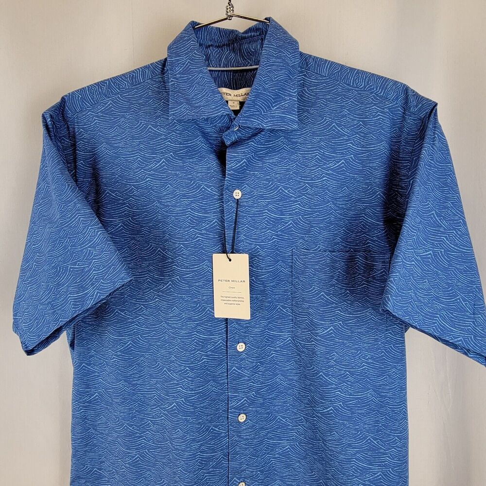 Peter Millar Crown BGRNT Blue Button Down Waves S/S Sport Shirt Men's Small NWT